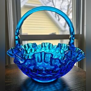 Fenton Cobalt Blue Ruffled Glass Basket
